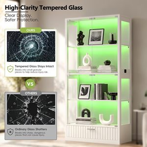 Vitrina Moderna de Vidrio SENYU con Iluminación LED, 4 Estantes, 1 Cajón, Mueble de Almacenamiento para Sala de Estar, Vitrina para Curiosidades - Product Image 4