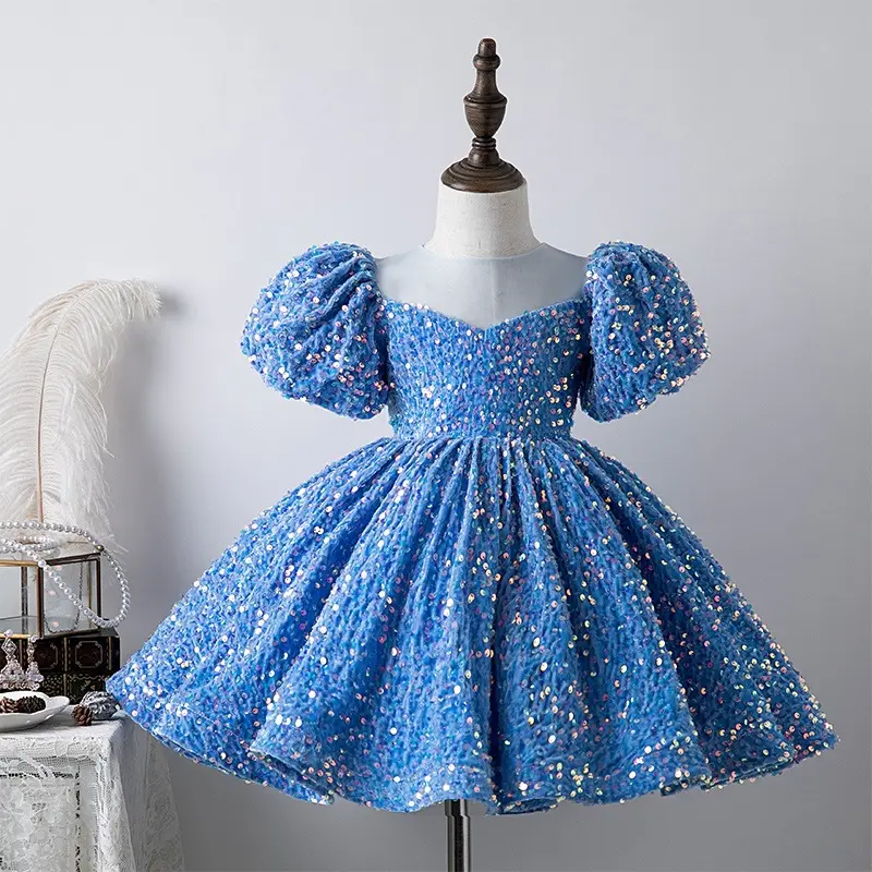 Vestido de noite elegante de princesa com mangas bolha, vestido de primeira comunhão para meninas, vestidos azuis fofos para aniversário de bebês, roupa de baile infantil