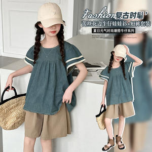 2025 New Cute Girl Green <strong>Short</strong> Sleeved Shirt + <strong>Khaki</strong> <strong>Shorts</strong> 2 Pcs Summer Set Casual Clothes - Product Image 1