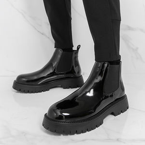 Nouvelles bottes en cuir pour hommes à bout rond, grande taille, à semelle épaisse, style Chelsea pour hommes d'affaires - Product Image 5