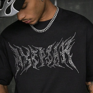 T-shirt d'été de haute qualité 100 % coton, style streetwear, épaules tombantes, imprimé graphique personnalisé avec strass, coupe carrée et courte - Product Image 2