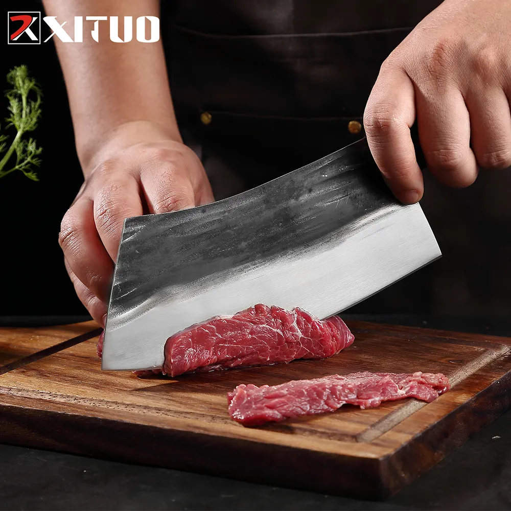 Traditional Handmade Forged Kitchen Cleaver Santoku Chef Knife Multifunctional Clad Steel Butcher Knives Slicing Meat Vegetables