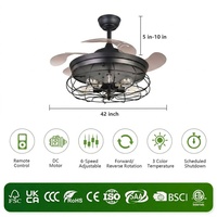 Ventilateur de plafond rétractable de 42 pouces avec 5 ampoules E27, télécommande optionnelle Tuya Smart, moteur DC tout cuivre, pour maison et hôtel