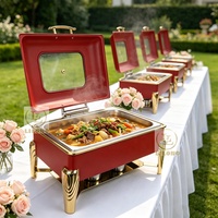 Plat de service de luxe 9L en acier inoxydable, chauffe-plat de buffet rouge et or avec couvercle en verre visible pour banquets d'hôtel