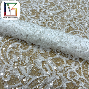 ホワイトビーズ付きシャンティーフランスレース生地 エレガントなまつげブライダルレース スパンコールチュール刺繍レース生地 結婚式用 - Product Image 5