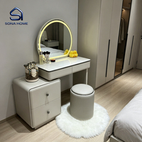 Ensemble de coiffeuse moderne blanc brillant avec miroir LED rond, armoire amovible et tabouret pour chambre à coucher