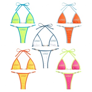 Maillot de bain personnalisé avec bordure côtelée, micro-bikini color block, micro-bikini triangle, vêtements de plage, maillot de bain sexy pour femmes - Product Image 2