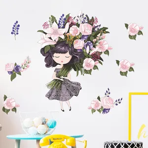 Kız ve çiçek duvar Sticker çiçek pembe çiçekler duvar kağıdı oturma odası dekoratif çıkartması kendinden yapışkanlı TV arka plan duvar