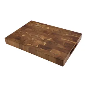 Placa de corte de madeira de acácia grão de extremidade grande com dois punhos bloco de açougueiro de madeira