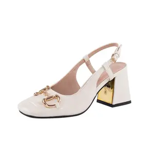 2023 Custom Top Grade Quality Luxury Lady Custom Buckle Square Toe Shoes White High Heels Sandals Women's Pumps