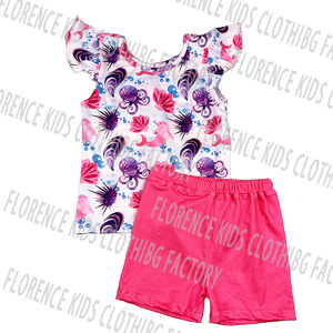 DH ODM Conjuntos de ropa personalizables de 2 piezas para niñas pequeñas Top de verano suave con mangas de volantes dulces Pantalones cortos Diseño elegante informal - Product Image 1