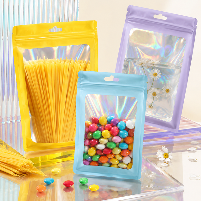 Custom Resealable Clear Window Zipper Bags Colorful Holographic Border Jewelry Display Packaging Pouch Wholesale Factory OEM