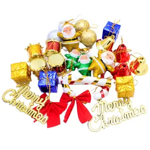 A lot of Christmas decorations snowflakes bells pine cones Christmas tree pendants small accessories gift bags
