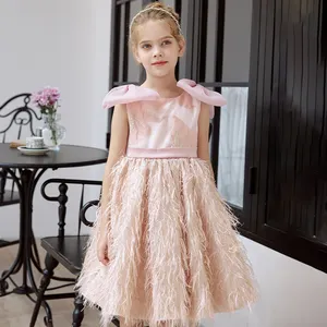 Ropa para niños Niñas Boutique Princesa Vestido Sin mangas Gran lazo Pluma Vestido de lujo Niños Jacquard Vestido de fiesta