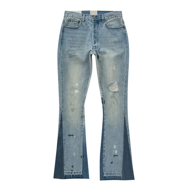 Alta Qualidade Homens Slim Fit Borda Raw Lavado Patchwork Ripped Denim Stacked Flare Jeans Fabricante