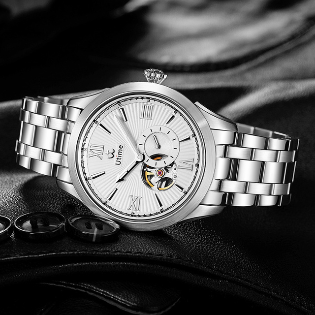 UTIME Luxury Brand Men's Skeleton Hollow Luminous Automatic Miyota Mechanical Watch with Glass Dial Stainless Steel Band U0025G