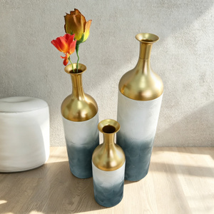 Ensemble de 3 vases décoratifs en métal, motif feuille d'or, vases sur pied, gris antique, blanc, vases hauts pour la décoration du salon, de l'entrée - Product Image 6