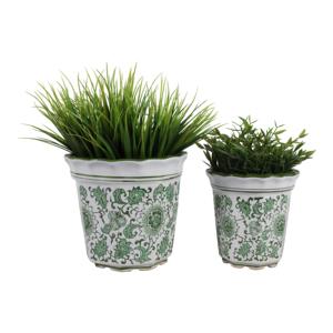 Vasi Rotondi in Gres con Bordo Ondulato, Design Floreale Verde, Contenitori Decorativi per Piante da Interno ed Esterno - Product Image 2