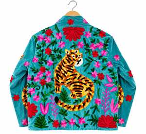 Elegant Turquoise <b>Velvet</b> Bomber <b>Jacket</b> <b>Women</b> Handmade Solid Long Sleeve V-neck Winter Breathable Quick-Dry Cotton Lining - Product Image 4