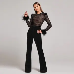 Bettergirl Fashion desain Niche renda hitam bulu baju monyet seksi pakaian wanita 2024 musim panas berongga ketat elegan gaun wanita