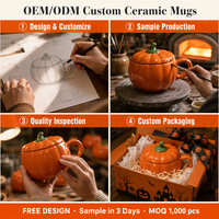 Mug en céramique en forme de citrouille d'Halloween avec couvercle 500 ml, logo personnalisé, OEM, ODM, vente en gros, cadeau saisonnier, tasse à café