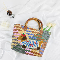 Sac de plage tissé en PP à rayures vintage motif Teckel avec surpiqûres contrastées