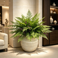 Fougère artificielle dorée avec fleurs violettes, grande plante de fougère artificielle en pot pour hall d'hôtel et villa