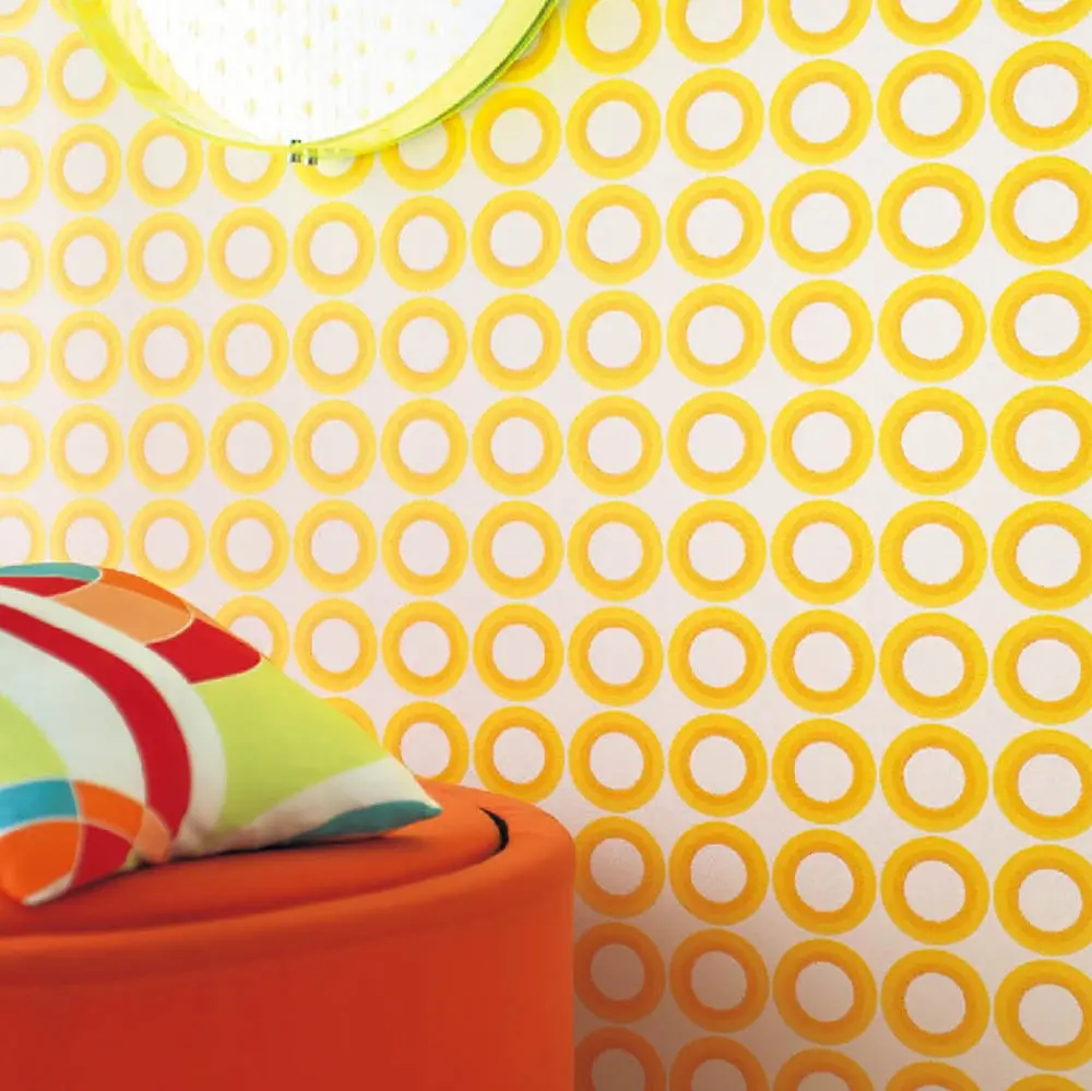 A pop, durable anti-mold wallpaper made in Japan with a yellow color circle decoration that is ideal for stores.