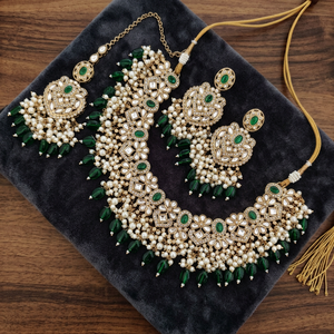 Indian Traditional Antique Gold Plated Kundan Choker Necklace <b>Set</b> Sea Green Mint Gemstone Bead Bridal Jewelry <b>Set</b> with Earrings - Product Image 3