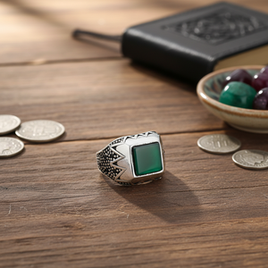 Square Green Agate Gemstone Round <b>Emerald</b> Stone Design Ottoman Men's <b>Ring</b> Turkish Handmade Wholesale Authentic <b>Silver</b> Men <b>Ring</b> - Product Image 3