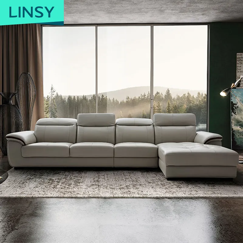 Linsy Set Sofa Kulit Bentuk L Santai, Model Baru Klasik Prancis Bagian Sofa Kulit Asli Putih Murni untuk Ruang Tamu S027