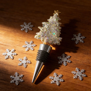 Bouchon de bouteille de vin en métal doré et blanc à paillettes pour arbre de Noël, avec design réutilisable pour les fêtes - Product Image 1