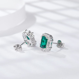 Aretes de Botón de Esmeralda Colombiana de Laboratorio con Diamantes, Joyería en Plata de Ley 925 con Esmeralda Verde de Novedad - Product Image 3