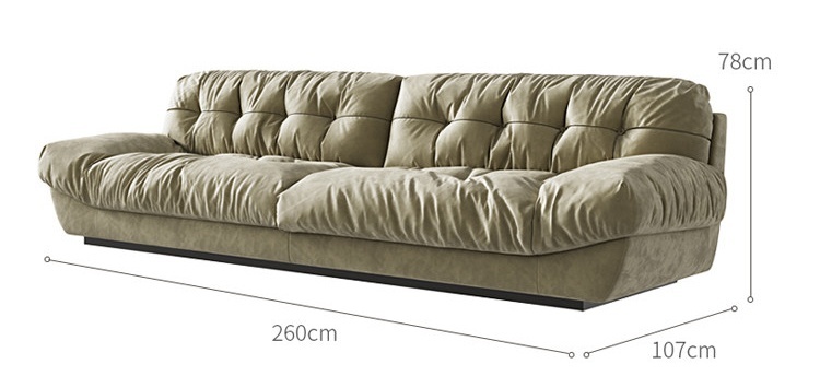 Canapé nuage 4 places 260 cm, style vintage kaki, rembourrage en duvet.