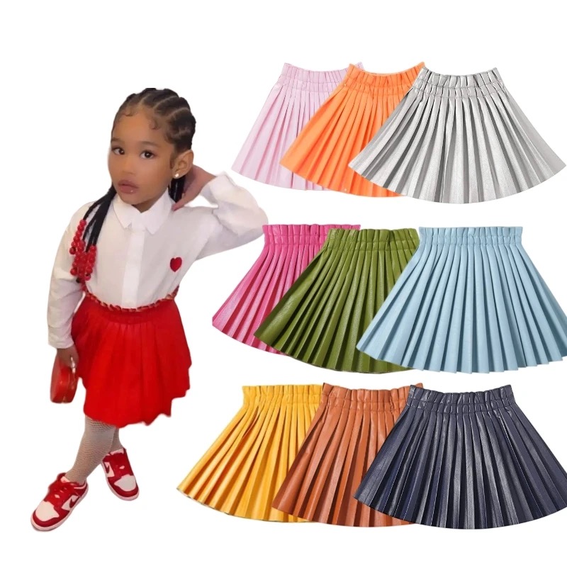 RTS 2024 New Kid Girl Autumn A-line Pleated Solid Pu Leather