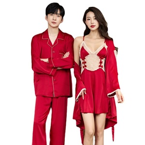 Nouveau Couple rouge bonheur mariage pyjamas femmes <span class=keywords><strong>dentelle</strong></span> lisse soyeux chemise de nuit ensemble à manches longues grande taille hommes 2 pièces ensemble pyjamas - Product Image 1