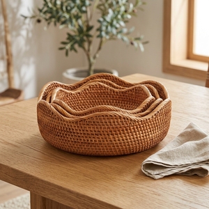 Natural Handwoven Wavy Rim Rattan Tray Set of 3 Round Decorative Basket for Bread <b>Fruit</b> and Home Kitchen <b>Storage</b> - Product Image 5
