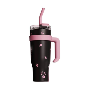 Gobelet isotherme en acier inoxydable noir et rose, grande tasse à café isolée avec paille, 1250 ml, avec poignée pour voyage en voiture, vente en gros - Product Image 1