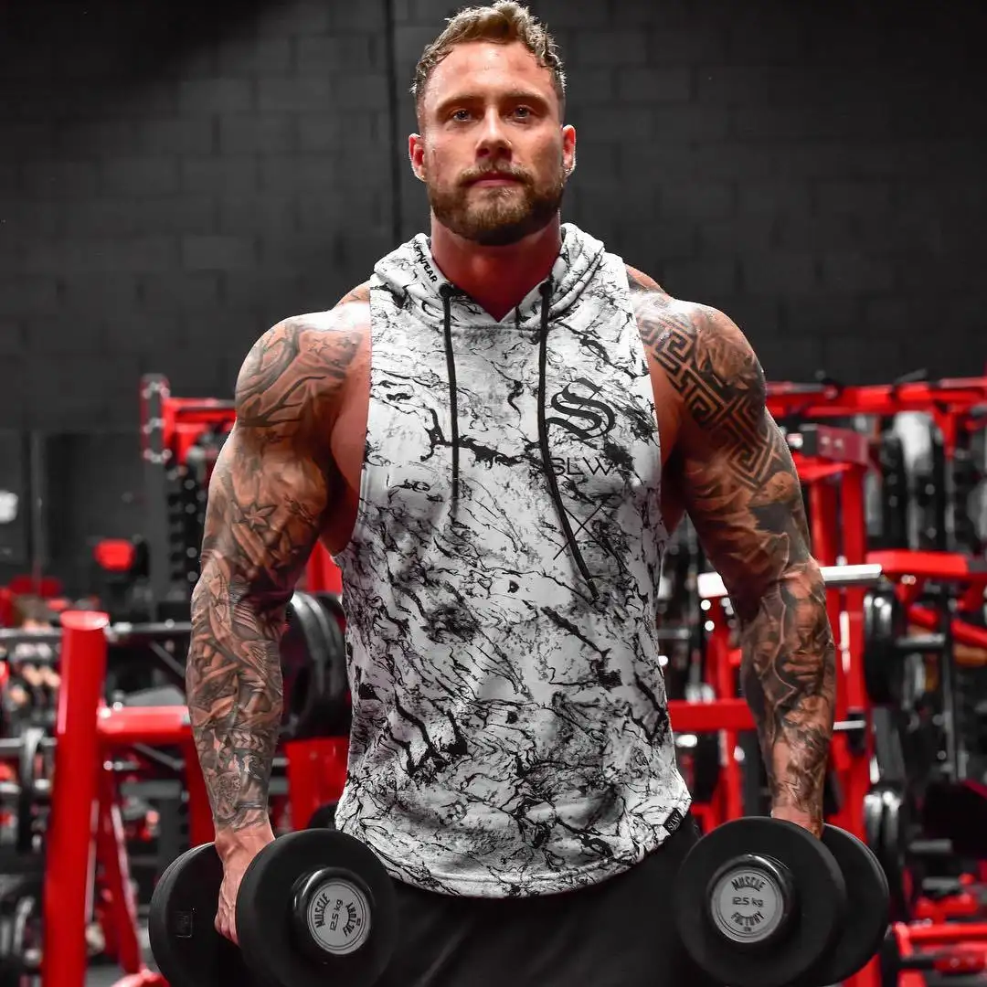 Wholesale overall printed sleeveless t shirt mens workout clothing fitness sports hoodie