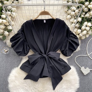 For Fashion Women's Pleated Bubble Sleeve <b>Blouse</b> Bowknot Waisted Ruffle Hem Top Casual Style With Solid Pattern for Summer - Product Image 2