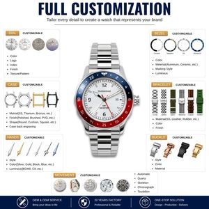 Montre GMT OEM personnalisée <span class=keywords><strong>avec</strong></span> cadran bicolore, insert de lunette en céramique, mouvement japonais NH34, fenêtre de date, aiguilles et index lumineux - Product Image 2