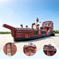 Castillo Inflable de Grado Comercial con Obstáculos de Barco Pirata y Tobogán Acuático