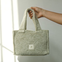 Bolso Tote de Tela de Felpa para Mujer, Bolso de Hombro de Felpa, Color Verde Salvia Beige, Bolso Pequeño con Asas y Logotipo, Bolso Cómodo