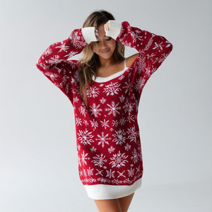 Accogliente <span class=keywords><strong>abito</strong></span> da donna con maglia di natale a-line per le vacanze invernali <span class=keywords><strong>motivi</strong></span> a fiocco di neve ricami naturali con <span class=keywords><strong>paillettes</strong></span> lavorato a maglia Midi - Product Image 4