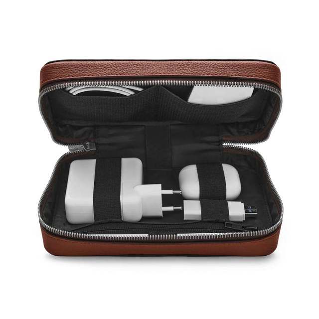 Custom Logo Multi-Functional Portable Power Bank Cable Organizer Bag, Premium Leather Tech Gadget Travel Case for Men & Women