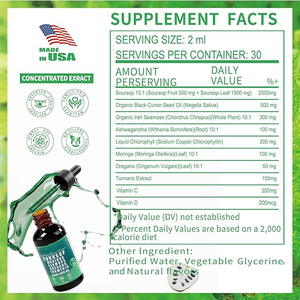 Oem nhãn hiệu riêng soursop chiết xuất chất lỏng GIỌT 10 trong 1 với rêu biển, nghệ, dầu hạt đen & oregano - Product Image 2