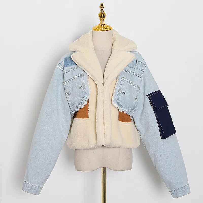 Fashion Winter Woman's Custom Wholesale Furs Jackets Warm Women Shorts Blue Denim Outfit Jeans Cotton Coat Jacket