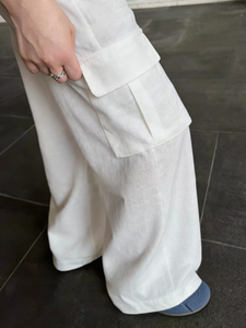 Pantaloni <span class=keywords><strong>Cargo</strong></span> a Gamba Larga in Puro <span class=keywords><strong>Lino</strong></span> 170GSM per Donna, Vita Elastica con Coulisse, Multi Tasche, Casual e Comodi, OEM ODM Personalizzabili - Product Image 5