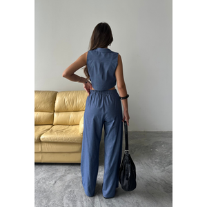 Ensemble Tencel Femme : Haut Court Sans Manches et Pantalon Indigo Taille XS/XL – Style Club Estival, Longueur Courte, Logo - Product Image 1
