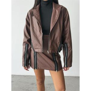 Tan Genuine Leather Pencil <b>Skirt</b> with Zipper Detail <b>Goth</b> Modern Style Short XS Size Featuring Embroidery Ruffles Decoration - Product Image 2